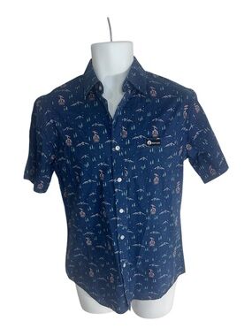 Jack & Sage Deer Mountain Button Up Shirt Blue Ski Resort Print Cotton Size S